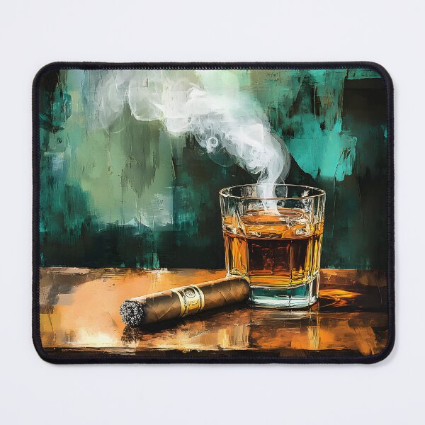 Item preview, Whiskey and Cigar - Warmth of Amber Liquid Set Against Vibrant Green and Teal designed and sold by OlfactoART Studio.