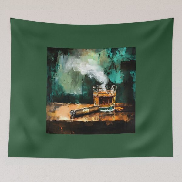 Item preview, Whiskey and Cigar - Warmth of Amber Liquid Set Against Vibrant Green and Teal designed and sold by OlfactoART Studio.
