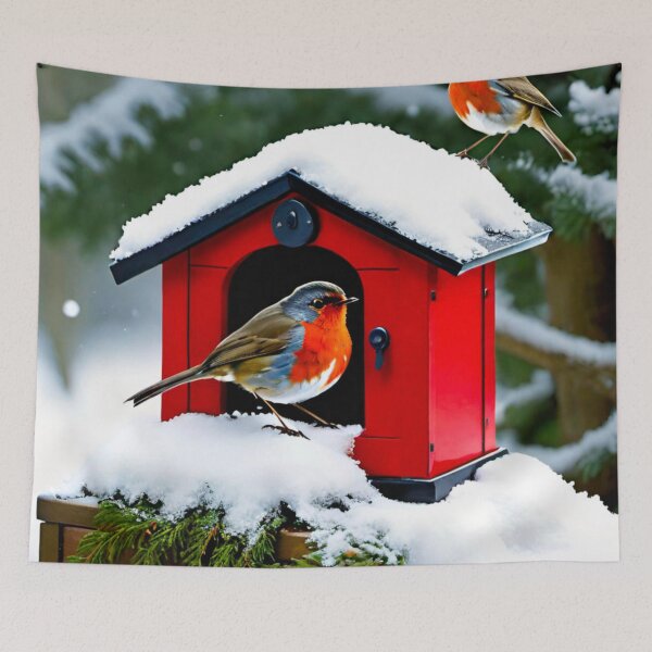 Item preview, Robin with Red Chest on Snowy Birdhouse designed and sold by GrizzlyCollective.