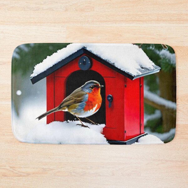 Item preview, Robin with Red Chest on Snowy Birdhouse designed and sold by GrizzlyCollective.