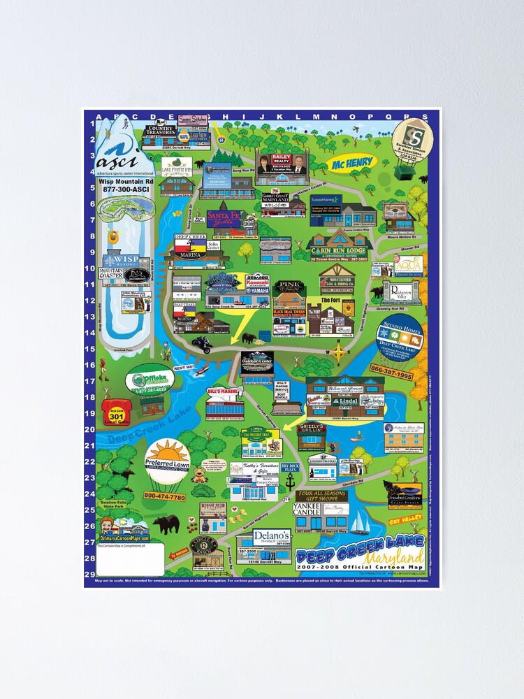 Deep Creek Lake Maryland Cartoon Map Poster By Bigrandy Redbubble