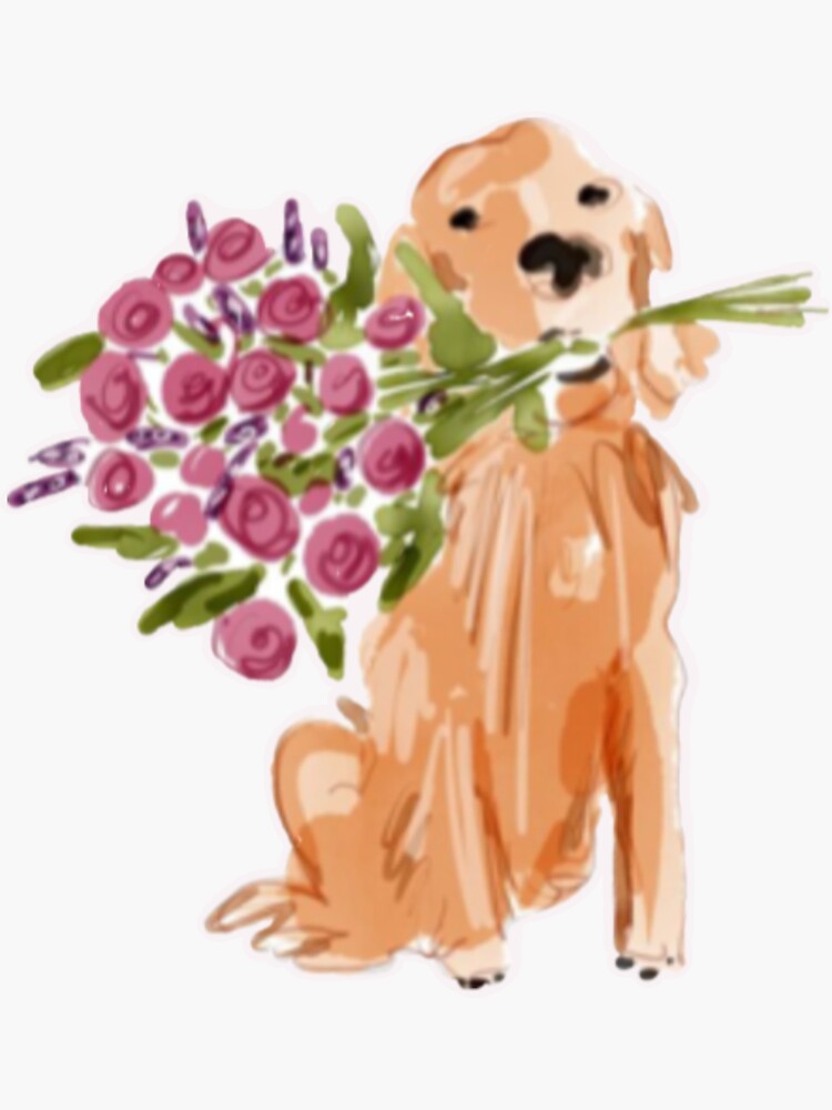 Thumbnail 3 of 3, Sticker, Golden Retriever with Bouquet designed and sold by Supersigma.