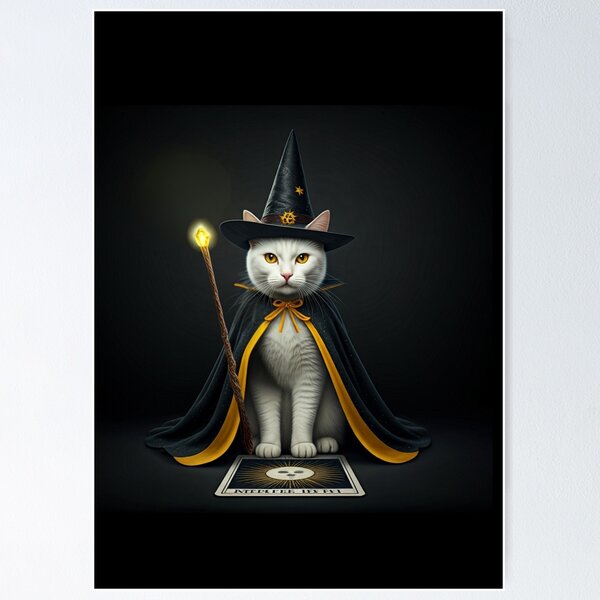 Item preview, The Feline Wizard: A Tarot Card of Magic and Mystery. Magical Cat in Yellow and Black Wizard Outfit. designed and sold by MarCreativArt.