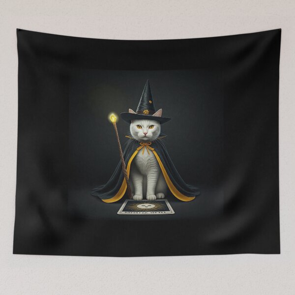 Item preview, The Feline Wizard: A Tarot Card of Magic and Mystery. Magical Cat in Yellow and Black Wizard Outfit. designed and sold by MarCreativArt.