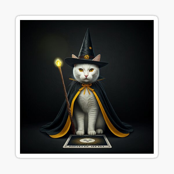 Item preview, The Feline Wizard: A Tarot Card of Magic and Mystery. Magical Cat in Yellow and Black Wizard Outfit. designed and sold by MarCreativArt.