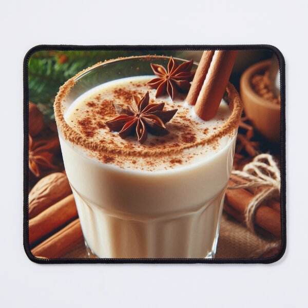 Item preview, Egg nog drink with cinnamon and star anise, on a wooden table with Christmas decorations designed and sold by homydesign.