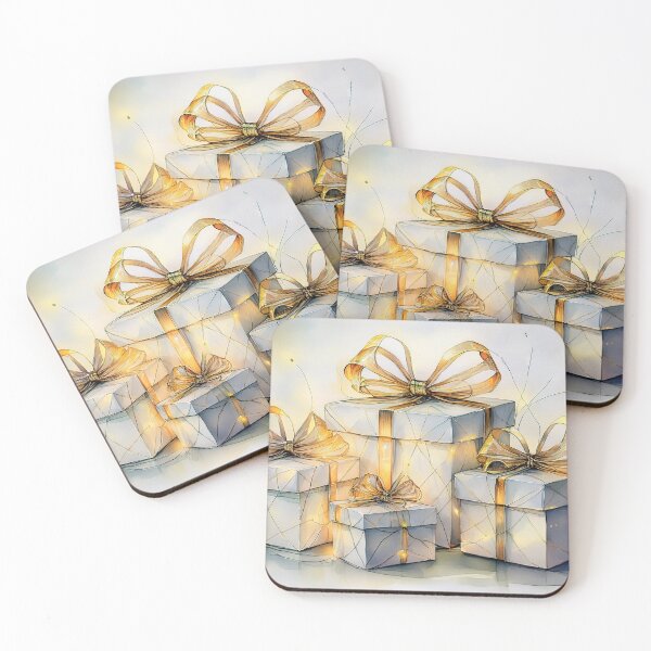Item preview, Three wrapped gifts with golden bows and ribbons, illuminated by fairy lights designed and sold by homydesign.
