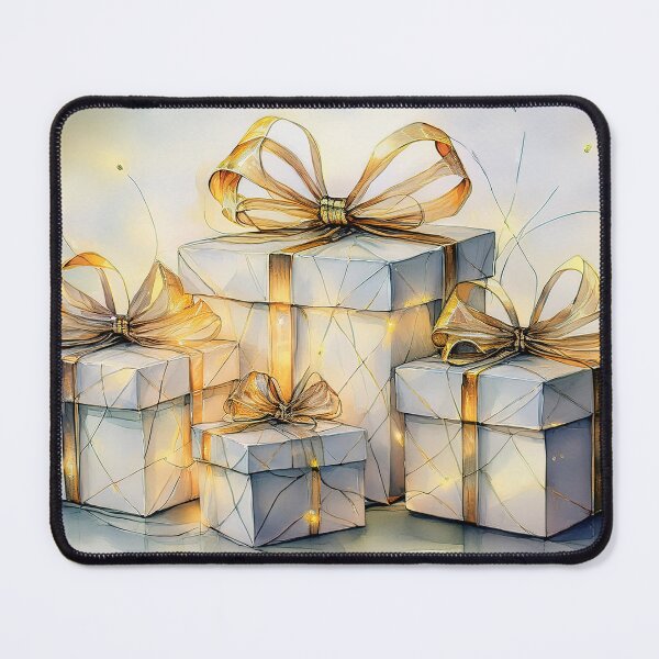 Item preview, Three wrapped gifts with golden bows and ribbons, illuminated by fairy lights designed and sold by homydesign.