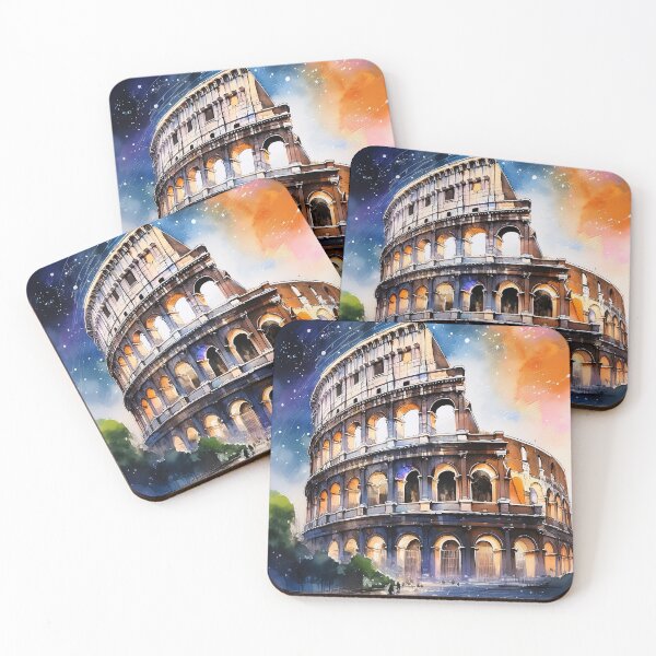 Item preview, A watercolor painting of the Colosseum in Rome, with a starry sky and a couple walking in the foreground designed and sold by homydesign.