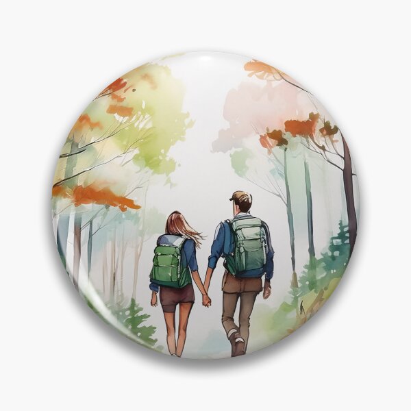 Item preview, A couple with backpacks walks hand in hand through a vibrant forest with autumn foliage, captured in a watercolor style designed and sold by homydesign.