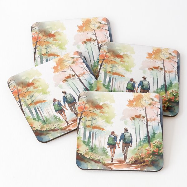 Item preview, A couple with backpacks walks hand in hand through a vibrant forest with autumn foliage, captured in a watercolor style designed and sold by homydesign.