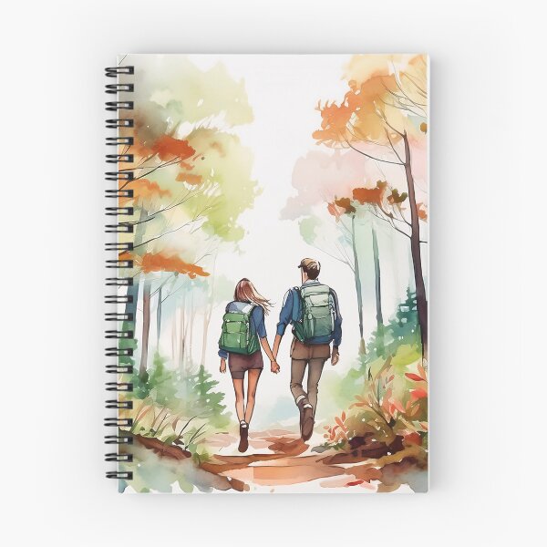 Item preview, A couple with backpacks walks hand in hand through a vibrant forest with autumn foliage, captured in a watercolor style designed and sold by homydesign.