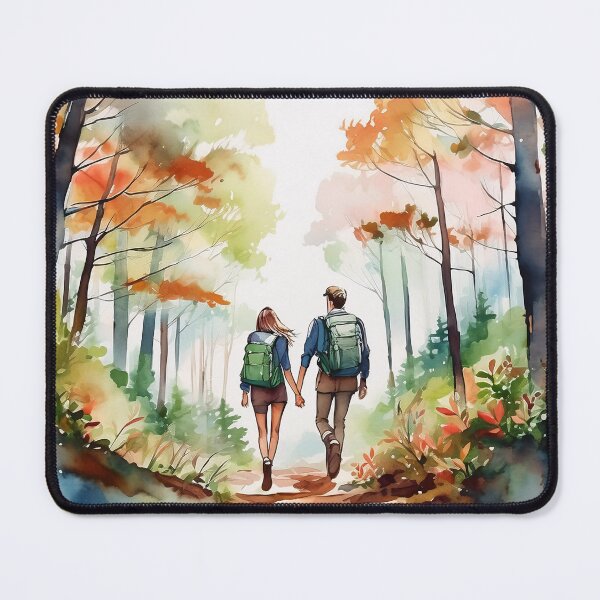 Item preview, A couple with backpacks walks hand in hand through a vibrant forest with autumn foliage, captured in a watercolor style designed and sold by homydesign.