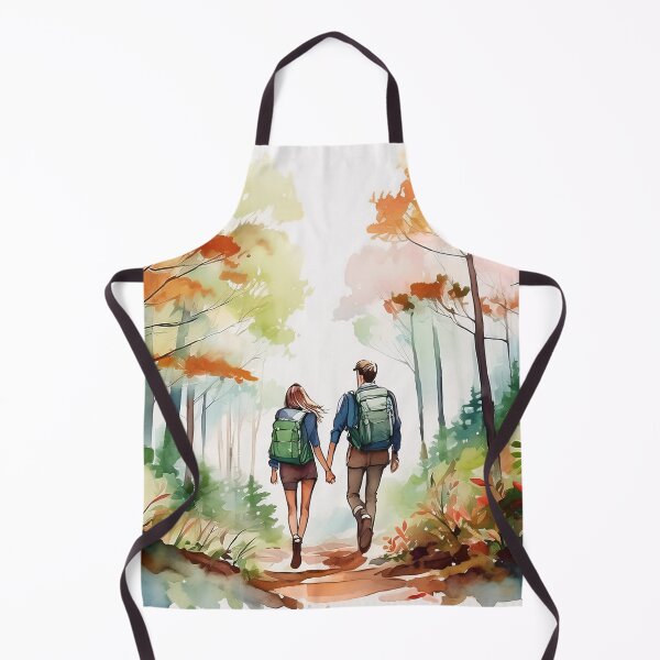 Item preview, A couple with backpacks walks hand in hand through a vibrant forest with autumn foliage, captured in a watercolor style designed and sold by homydesign.