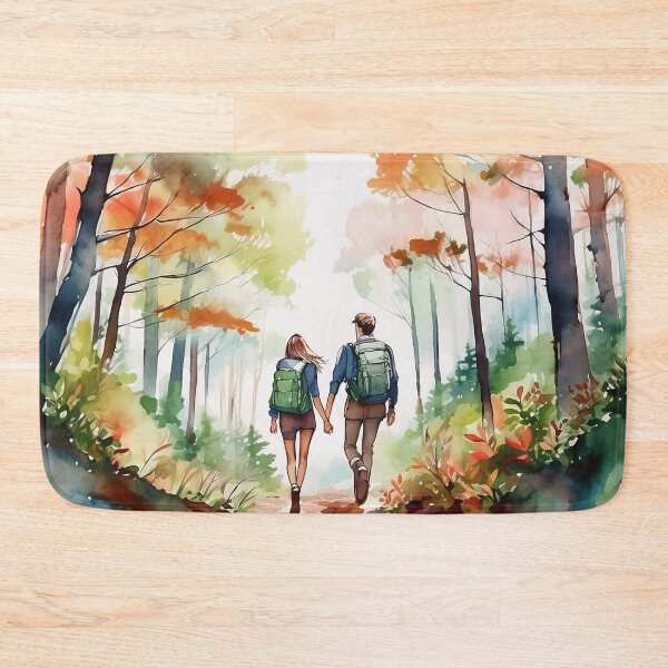 Item preview, A couple with backpacks walks hand in hand through a vibrant forest with autumn foliage, captured in a watercolor style designed and sold by homydesign.