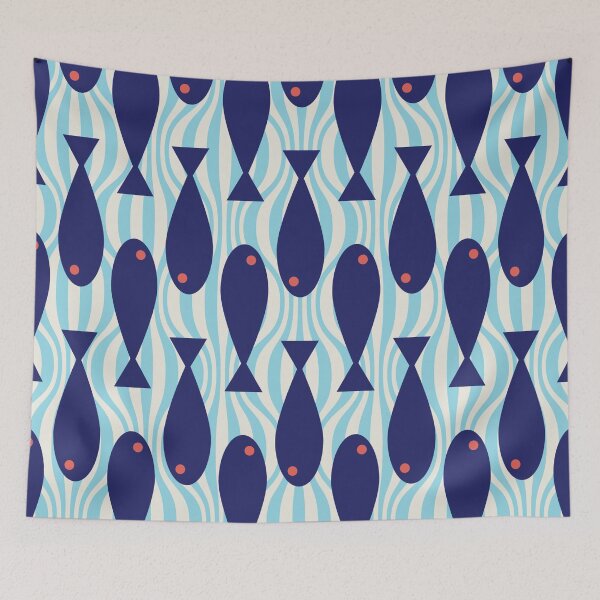 Item preview, Retro Scandinavian Mid Century Blue Fish in Water Pattern designed and sold by MarikaJohnson.