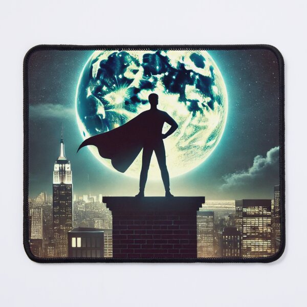 Item preview, Heroic Silhouette Against the Moon - Superhero Cityscape at Night designed and sold by Jonesetcetera.