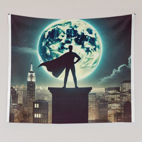 Item preview, Heroic Silhouette Against the Moon - Superhero Cityscape at Night designed and sold by Jonesetcetera.