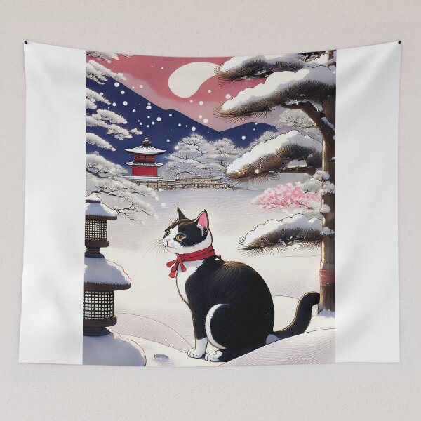 Item preview, Winter Cat in Japanese Snowy Garden designed and sold by Kina-design.