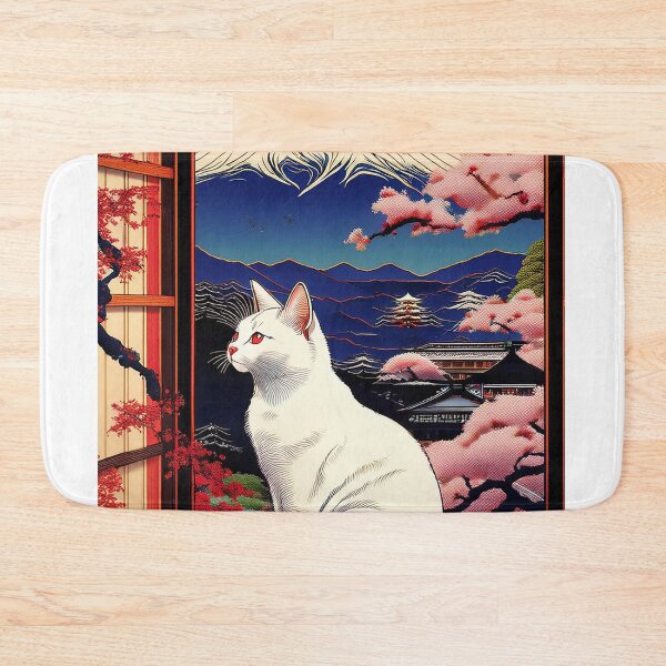 Item preview, "White Cat with Mount Fuji and Cherry Blossoms designed and sold by Kina-design.