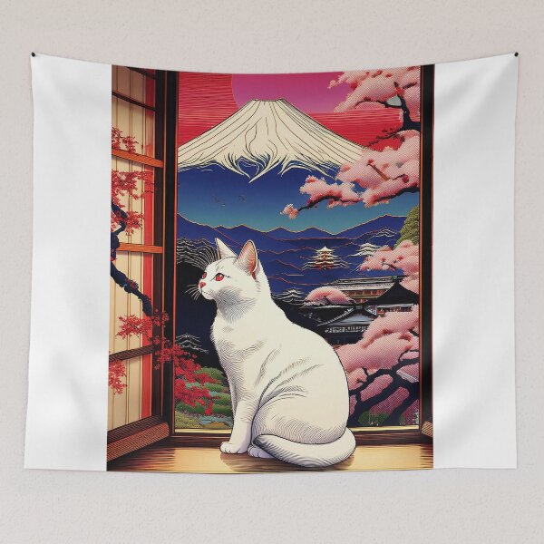 Item preview, "White Cat with Mount Fuji and Cherry Blossoms designed and sold by Kina-design.
