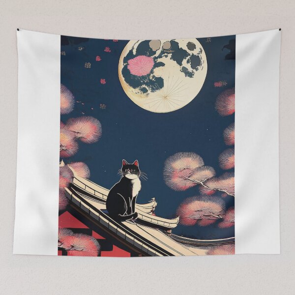 Item preview, Moonlit Rooftop Cat: Tranquil Night in Japan designed and sold by Kina-design.