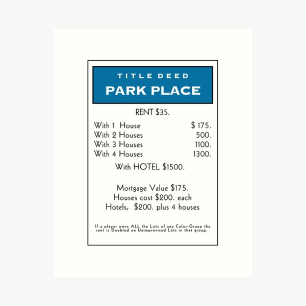 Aperçu de l'œuvre Carte de titre de propriété du parc Monopoly créée et vendue par sonyakapur.
