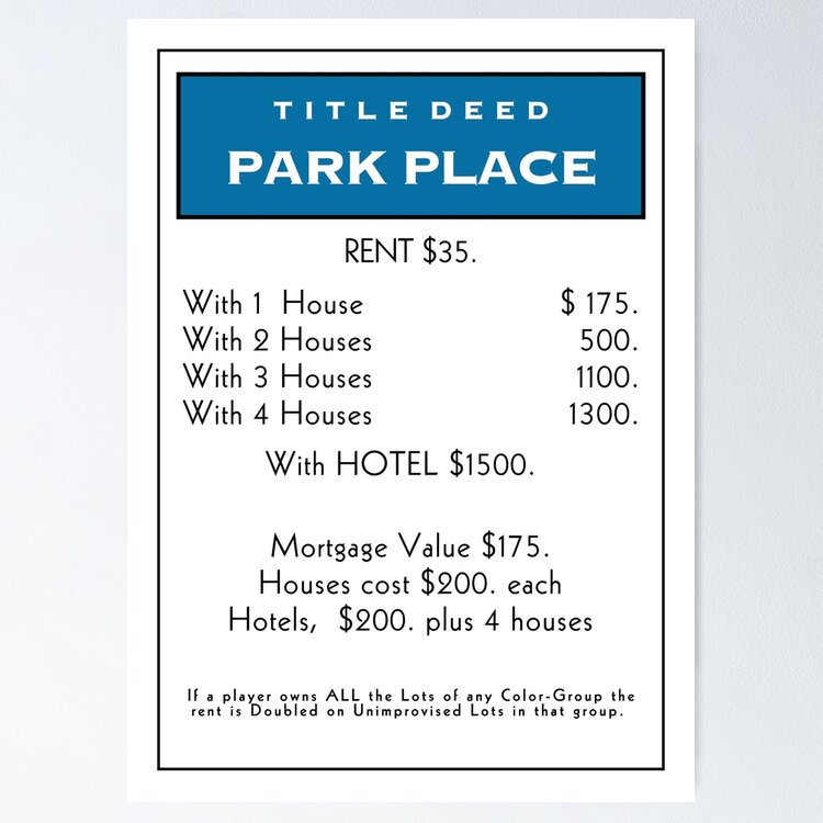 Monopoly Park Place Title Deed Card Sticker