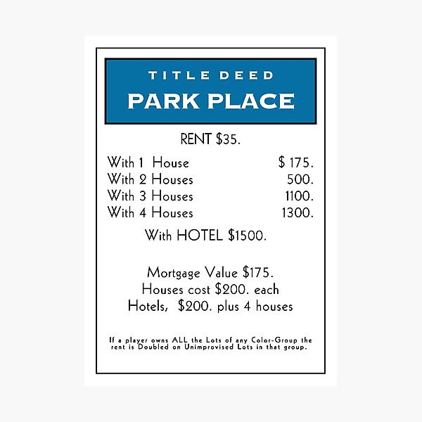 Item preview, Monopoly Park Place Title Deed Card designed and sold by sonyakapur.