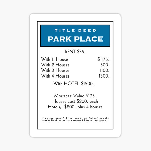 Monopoly Park Place Title Deed Card Sticker