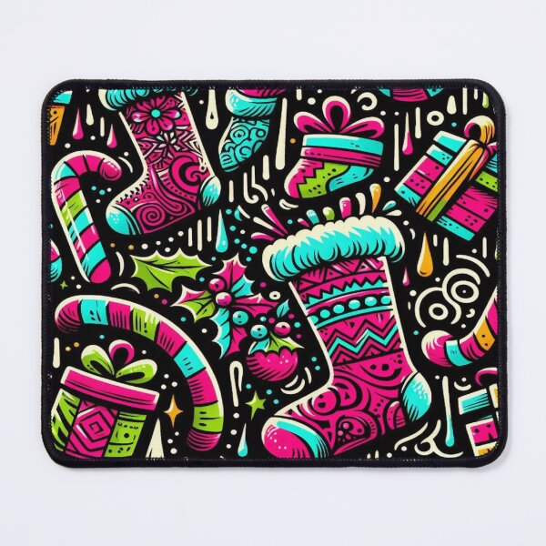 Artikelvorschau, Festliches Doodle-Muster aus Strümpfen, Geschenken und Zuckerstangen in Graffiti-Farben entworfen und verkauft von Imaginarium of Chaos falcon88 .