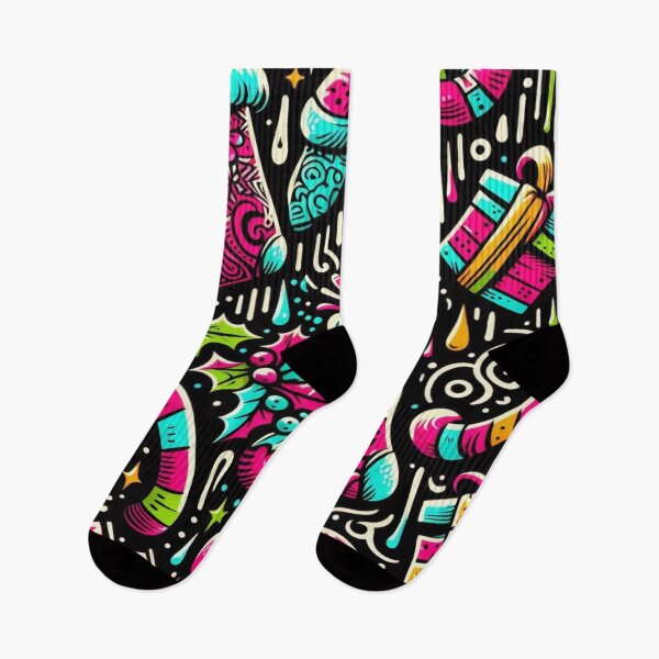 Item preview, Festive Doodle Pattern of Stockings, Gifts, and Candy Canes in Graffiti Colors designed and sold by Imaginarium of Chaos falcon88 .