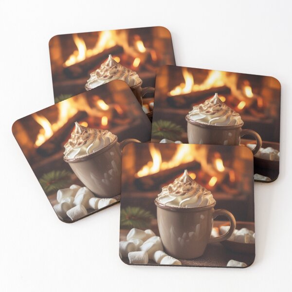 Item preview, A steaming mug of hot chocolate topped with whipped cream and cinnamon, in front of a cozy fireplace designed and sold by homydesign.