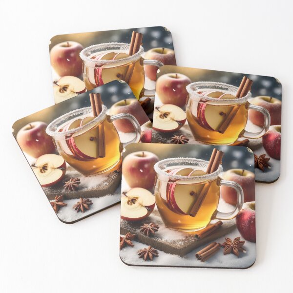 Artikelvorschau, Eine warme Tasse Apfelwein mit Zimtstangen und Apfelscheiben, umgeben von frischen Äpfeln, Sternanis und Zimtstangen entworfen und verkauft von homydesign.