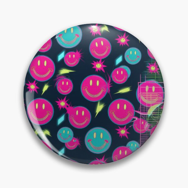 Item preview, Neon pink smiley face pattern on a dark background 90s arcade,Vintage Posters,vintage 90s designed and sold by Expressions-Sel.
