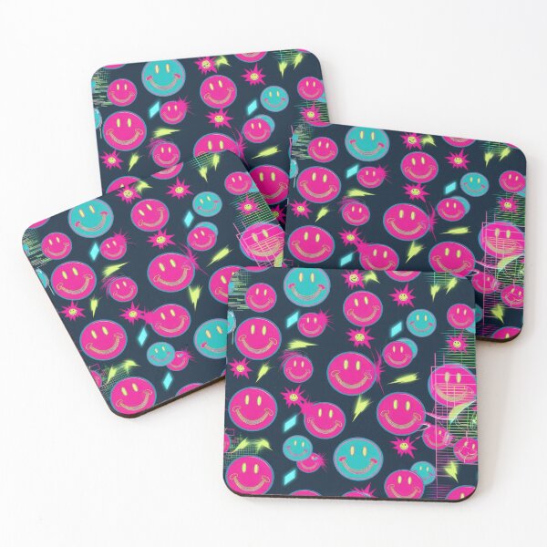Item preview, Neon pink smiley face pattern on a dark background 90s arcade,Vintage Posters,vintage 90s designed and sold by Expressions-Sel.