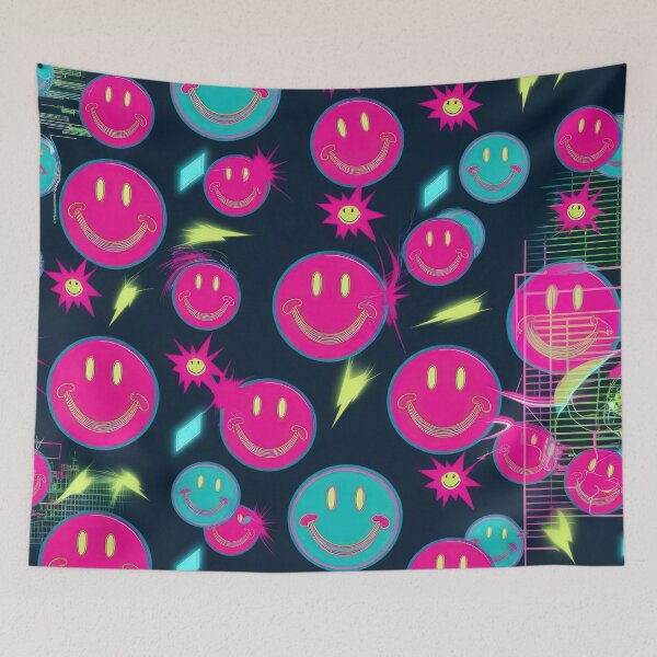 Item preview, Neon pink smiley face pattern on a dark background 90s arcade,Vintage Posters,vintage 90s designed and sold by Expressions-Sel.