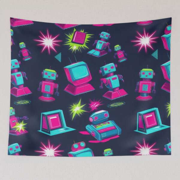 Item preview,  Neon Robot with TVs pattern on a dark background 90s arcade,Vintage Posters,vintage 90s designed and sold by Expressions-Sel.