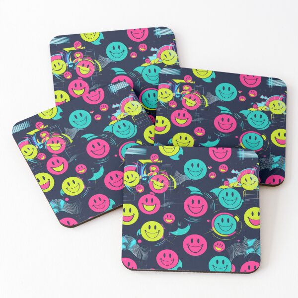 Item preview,  Laughing Round Smiley Emoticon pattern on a dark background 90s arcade,Vintage Posters,vintage 90s designed and sold by Expressions-Sel.