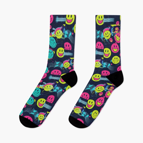 Item preview,  Laughing Round Smiley Emoticon pattern on a dark background 90s arcade,Vintage Posters,vintage 90s designed and sold by Expressions-Sel.