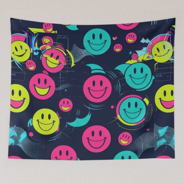 Item preview,  Laughing Round Smiley Emoticon pattern on a dark background 90s arcade,Vintage Posters,vintage 90s designed and sold by Expressions-Sel.