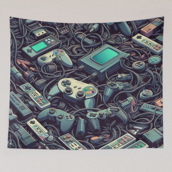 Item preview, gray Joysticks with cables pattern on a dark background 90s arcade,Vintage Posters,vintage 90s designed and sold by Expressions-Sel.