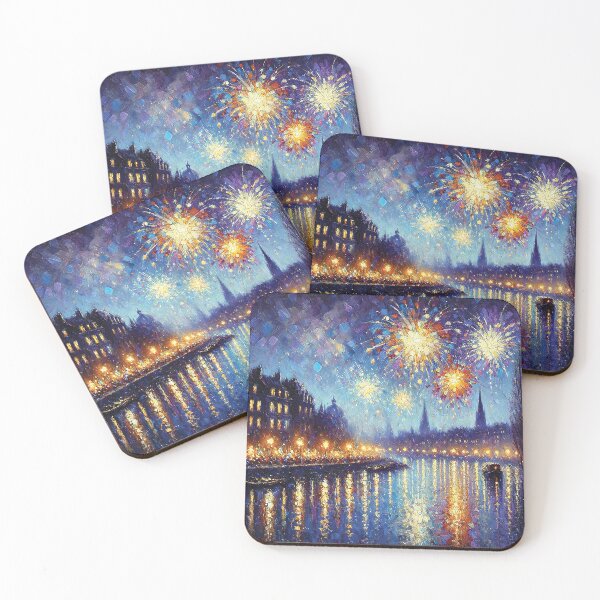 Item preview, New Year's Eve Cityscape in Impressionist Style – Festive Fireworks and Reflections designed and sold by Gold Turtle  Lina.