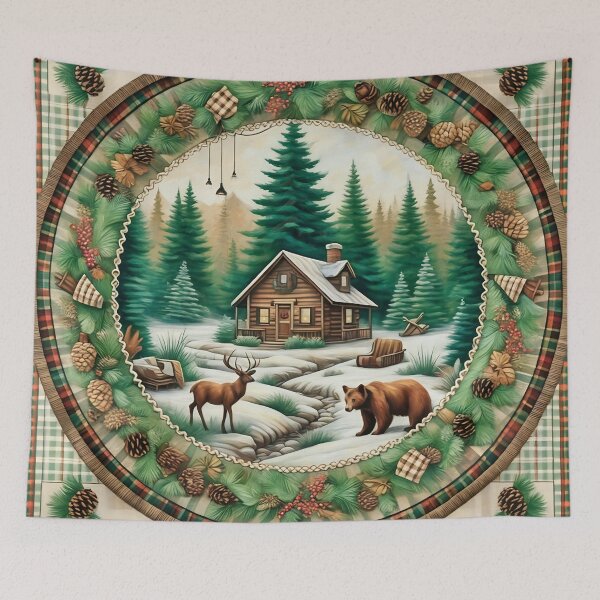 Item preview, Cozy Winter Cabin in Forest Wreath Art designed and sold by gleefulme.