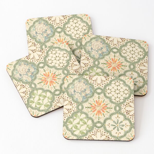 Item preview, Spanish Retro Style Mixed Floral and Geometric Tiles in Soft Sage & Marigold designed and sold by bala-sabina.