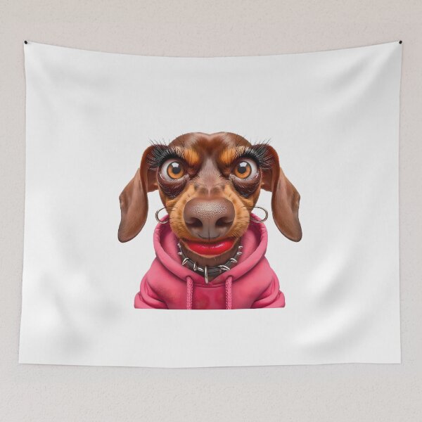 Item preview, Angry dachshund with red lips in pink hoodie designed and sold by eye_contact.
