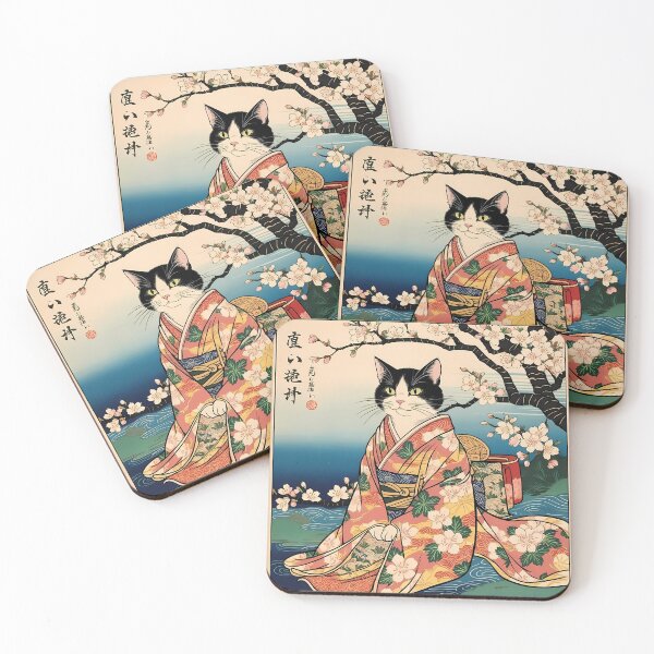 Item preview, japanese woodblock  of tuxedo cat with kimono designed and sold by Catophile.
