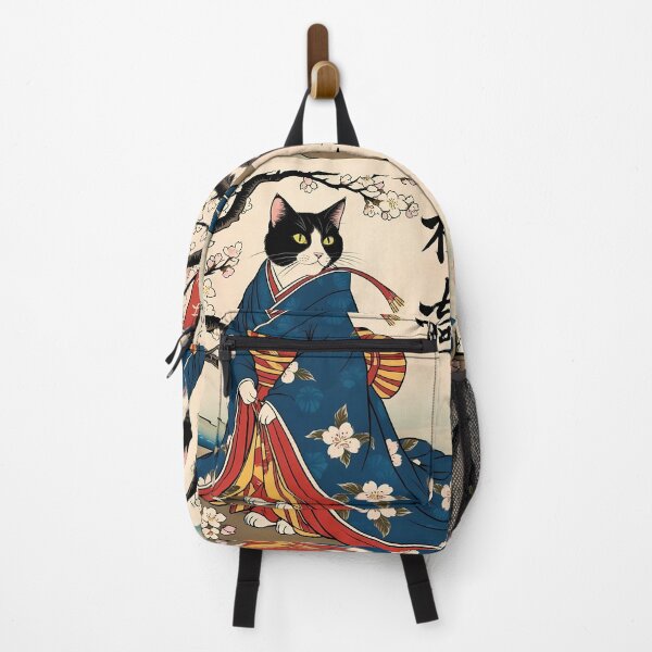 Item preview, Tuxedo Cat in a Floral Kimono: Japanese Woodblock-Inspired Artwork designed and sold by Catophile.