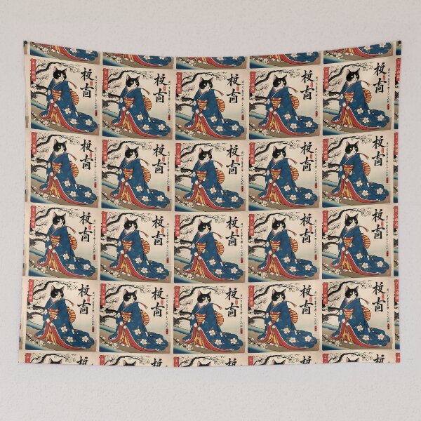 Item preview, Tuxedo Cat in a Floral Kimono: Japanese Woodblock-Inspired Artwork designed and sold by Catophile.