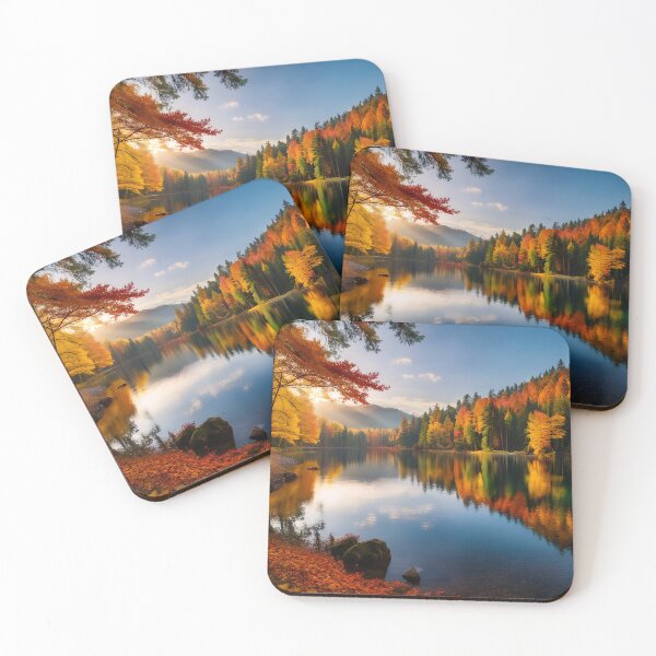 Item preview, A serene lake reflecting the vibrant colors of autumn foliage designed and sold by homydesign.